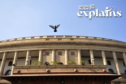 A pigeon flies over the Parliament building during the winter session of Parliament in New Delhi, India. (Getty Images)