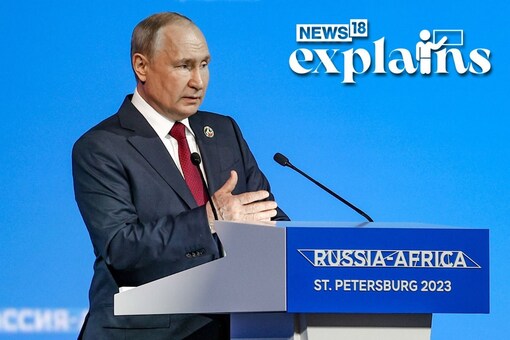 Russian President Vladimir Putin gives a speech at the plenary session of the second Russia-Africa summit in Saint Petersburg. (AFP)
