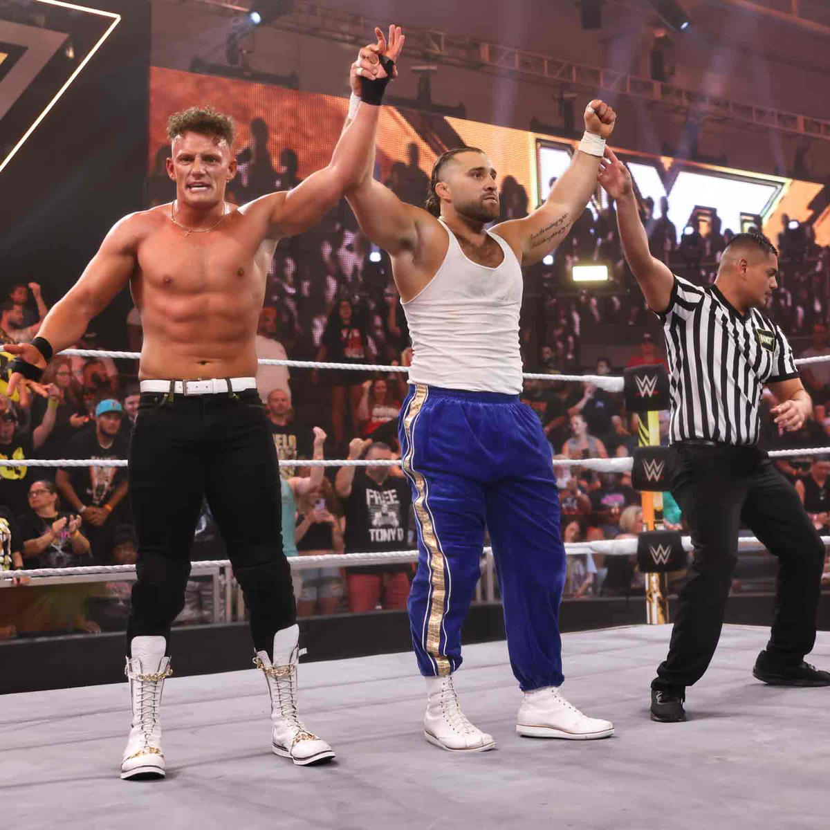 Tony D'Angelo and Stacks claimed a win over Bronco Nima and Lucien Price. (WWE) 