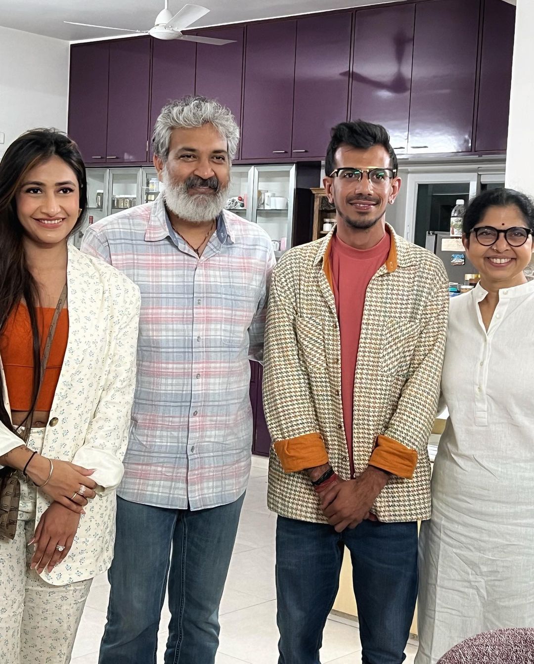 In February this year, Chahal and Dhanashree paid a visit to the house of famous Telugu director SS Rajamouli, spending a day which was full of “love, laughter, respect and humbleness.” The couple captured some photos with the RRR director and his wife, Rama Rajamouli. (Image: Instagram)