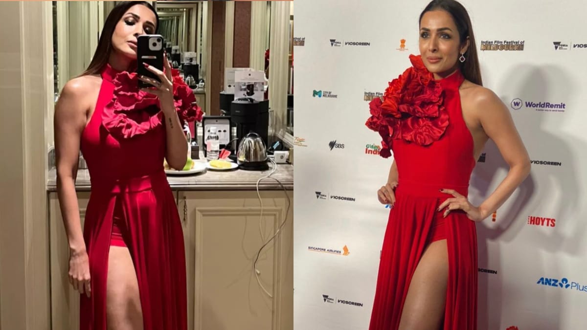 Sexy! Malaika Arora Sets The Temperature Soaring In a Red Thigh-High Slit Gown At IFFM, See Photo