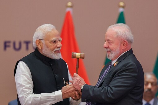 India passing the G20 gavel to Brazil in New Delhi on Sunday. (Narendra Modi/X)