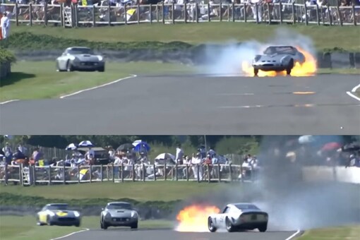 Karun Chandhok's Ferrari 250 GTO on fire. (Credit: YouTube)