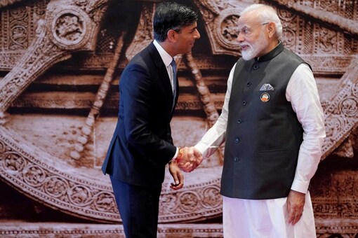 PM Modi shakes hands with UK PM Rishi Sunak at Bharat Mandapam convention centre during the G20 Summit, in New Delhi. PM Modi and Sunak discussed rising cases of Khalistani extremism in the UK. (Image: Reuters)