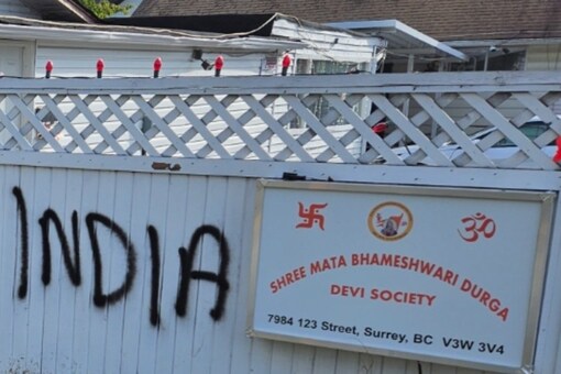 A Hindu temple in Surrey, BC, with anti-Indian messages, raising concerns about rising attacks on places of worship. (Photo Credit: Sameer Kaushal/X account)