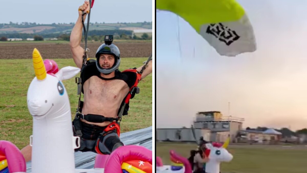 Watch Skydiver Lands Perfectly On Inflatable Unicorn, Calls