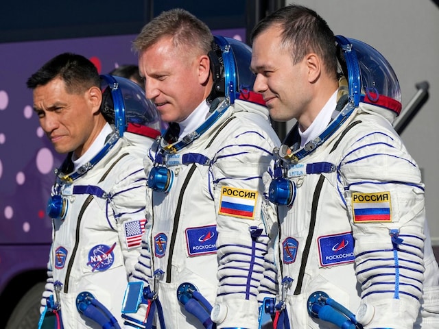 (From left) NASA astronaut Frank Rubio, Roscosmos cosmonauts Sergey Prokopyev and Dmitri Petelin returned to Earth on September 27. Their 180-day mission turned into a 371-day stay. (Image: AP/Dmitri Lovetsky/File)