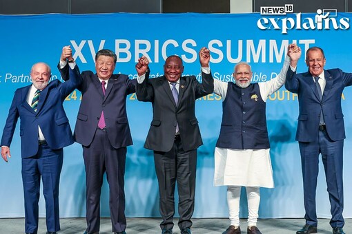 PM Modi with Brazilian President Luiz Inacio Lula da Silva, Xi Jinping, Cyril Ramaphosa and Russia's Foreign Minister for a photo during BRICS Meeting. (PTI Photo)