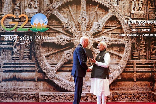 Narendra Modi welcomes Joe Biden at the Bharat Mandapam for the G20 Summit in New Delhi. (PTI Photo)