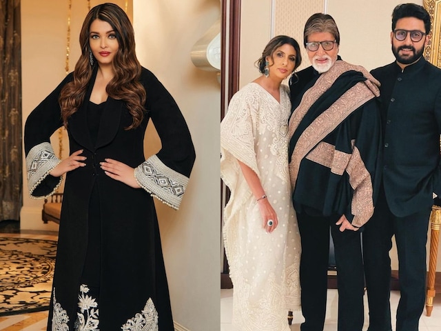 Amitabh Bachchan poses with kids Shweta Bachchan and Abhishek Bachchan, who is married to Aishwarya Rai.