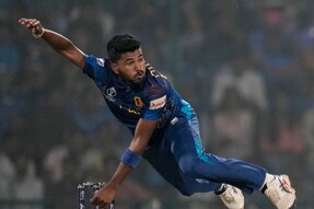 Sri Lanka's Dilshan Madushanka bowls a delivery during the ICC Men's Cricket World Cup match between Bangladesh and Sri Lanka in New Delhi, India, Monday, Nov. 6, 2023. (AP Photo/Manish Swarup)
