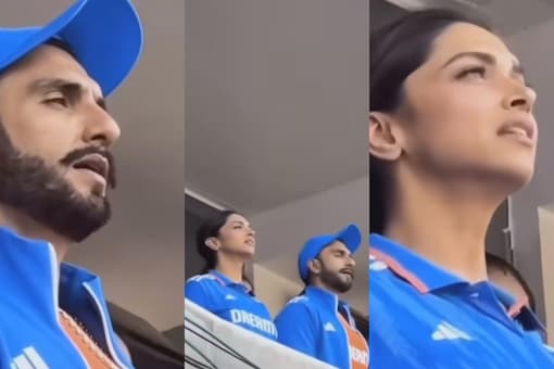 Ranveer Singh and Deepika Padukone sing the National Anthem before the historic India vs Australia match. 