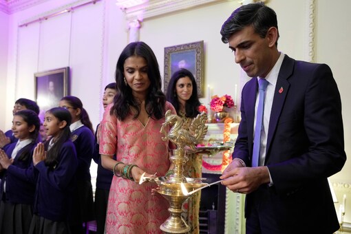 Britain's Prime Minister Rishi Sunak and his wife Akshata Murty host a reception at 10 Downing Street to celebrate Diwali in London, on November 8, 2023. (AP)