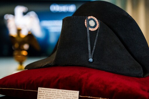 A black bicorne hat with red, white and blue cockade worn by the French Emperor Napoleon I (1769-1821), from the Collection of Jean Louis Noisiez, is displayed before an auction sale at Osenat auction house in Paris on November 6, 2023.  (AFP)