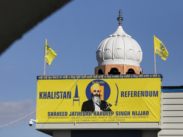 A banner with the image of Hardeep Singh Nijjar was seen at the Guru Nanak Sikh Gurdwara temple, site of his June 2023 killing, in Surrey, British Columbia, Canada September 20, 2023. (Reuters File Photo)