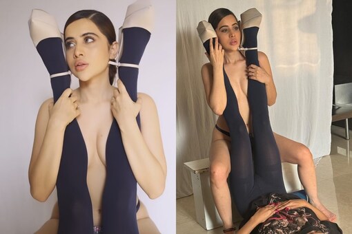 Urfi Javed uses model's legs to cover her modesty during a bold photoshoot.