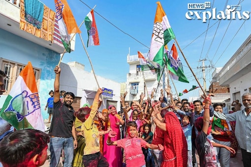 FILE: Congress workers celebrate their victory in the municipal elections in Beawar. (PTI Photo) 
