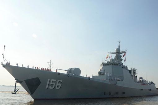 Chinese destroyer Zibo (156) is seen upon arrival at Thilawa port in Yangon, Myanmar on November 27, 2023. (AP)