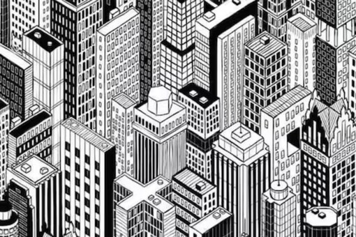 In the black and white image of skyscrapers, a cat is lurking somewhere.