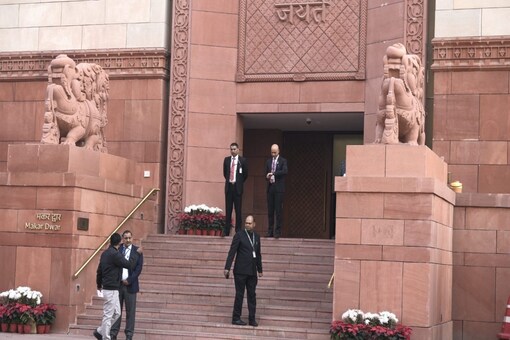 Tight security arrangements at Parliament House' Makar Dwar after Wednesday's security breach. (Image: PTI)