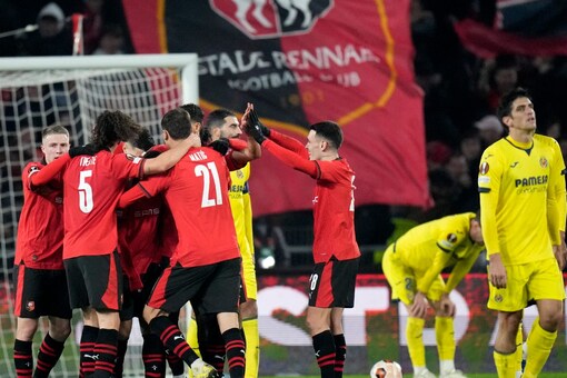 Rennes players celebrates their second goal. (AP Photo)