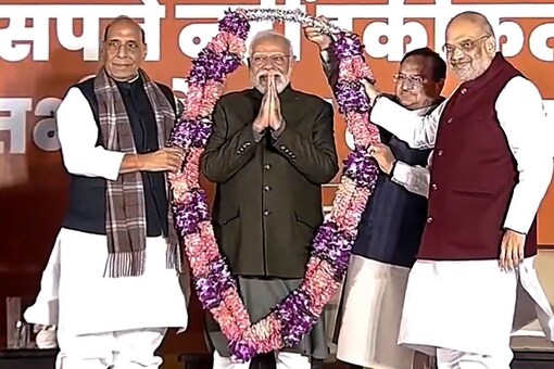 Prime Minister Narendra Modi with BJP National President JP Nadda, Defence Minister Rajnath Singh and Union Home Minister Amit Shah during he BJP celebrations. (PTI)