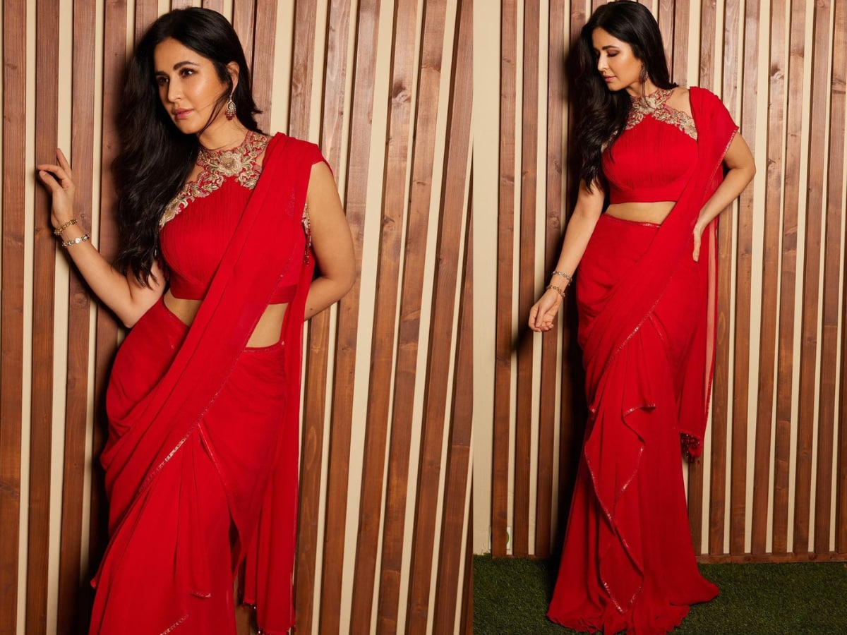 Buy Red Saree Crepe Embroidered And Embellished Cutdana Work V With Blouse  For Women by Shloka Sudhakar Online at Aza Fashions.