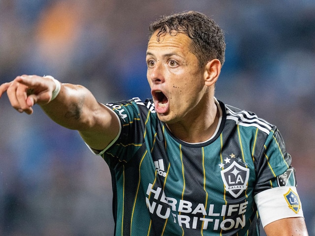 FILE - Los Angeles Galaxy forward Javier Chicharito Hernández reacts during the second half of an MLS soccer match against the Charlotte FC in Charlotte, N.C., March 5, 2022. Chivas Guadalajara team in Mexico announced his signing on jan. 24, 2024. (AP Photo/Jacob Kupferman, File)