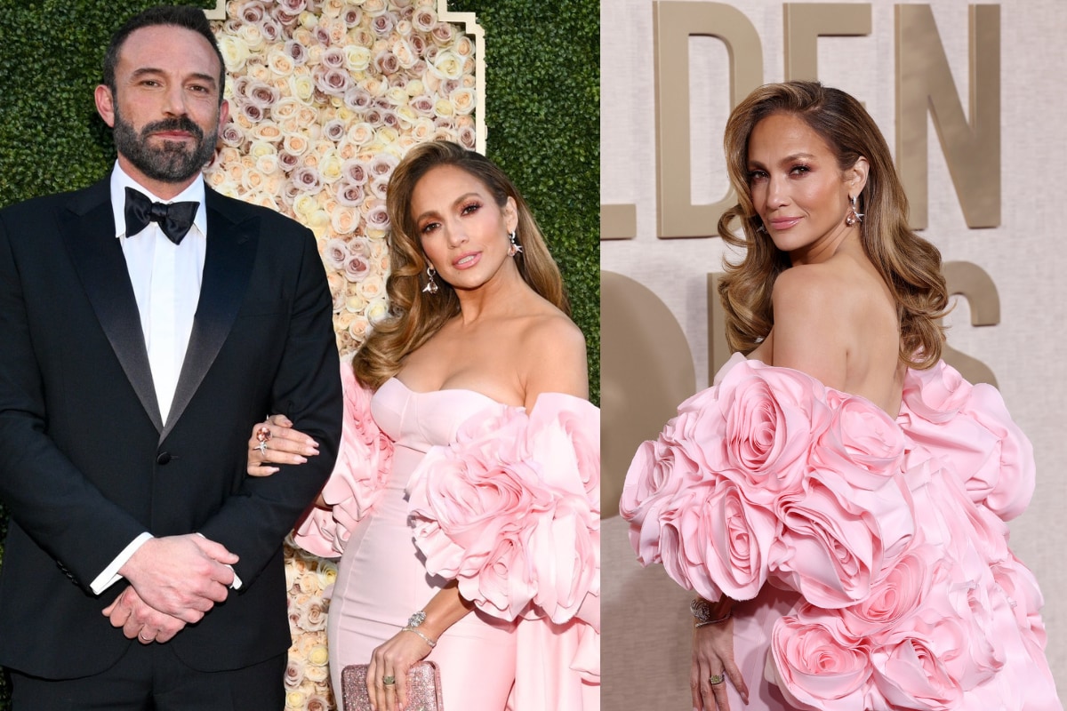 jennifer lopez pink rose dress Jennifer Lopez Wears Pink Dress to Support Ben Affleck at 2024 Golden Globes