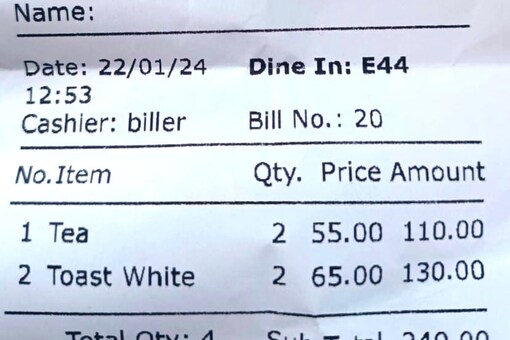 The total bill for two cups of tea and two ‘white toast’ amounted to Rs 252, after taxes. (Photo Credits: X)