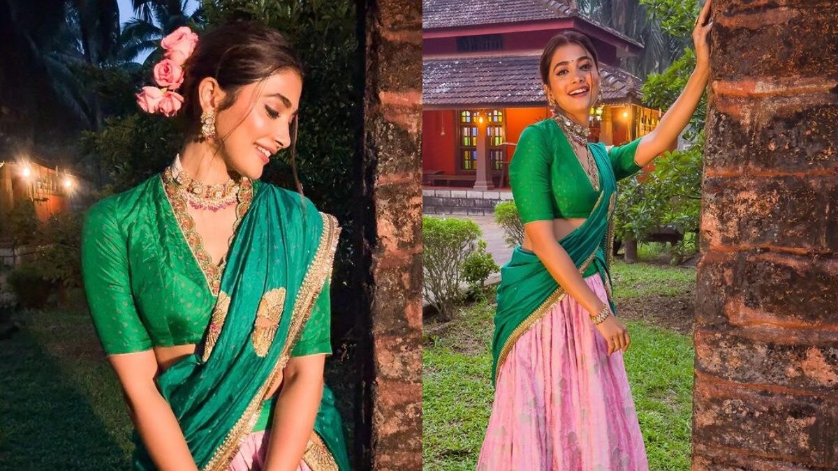Pooja Hegde Is Festive Ready In Peacock Green And Pink Half-Silk Saree; See Pictures - Vimarsana News
