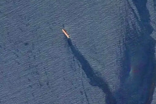 The M/V Rubymar, a Belize-flagged, UK-owned bulk carrier leaks oil in the Gulf of Aden after taking significant damage after an attack by Iran-backed Houthi terrorists on February 18, which caused an 18-mile oil slick. (Image: AFP)