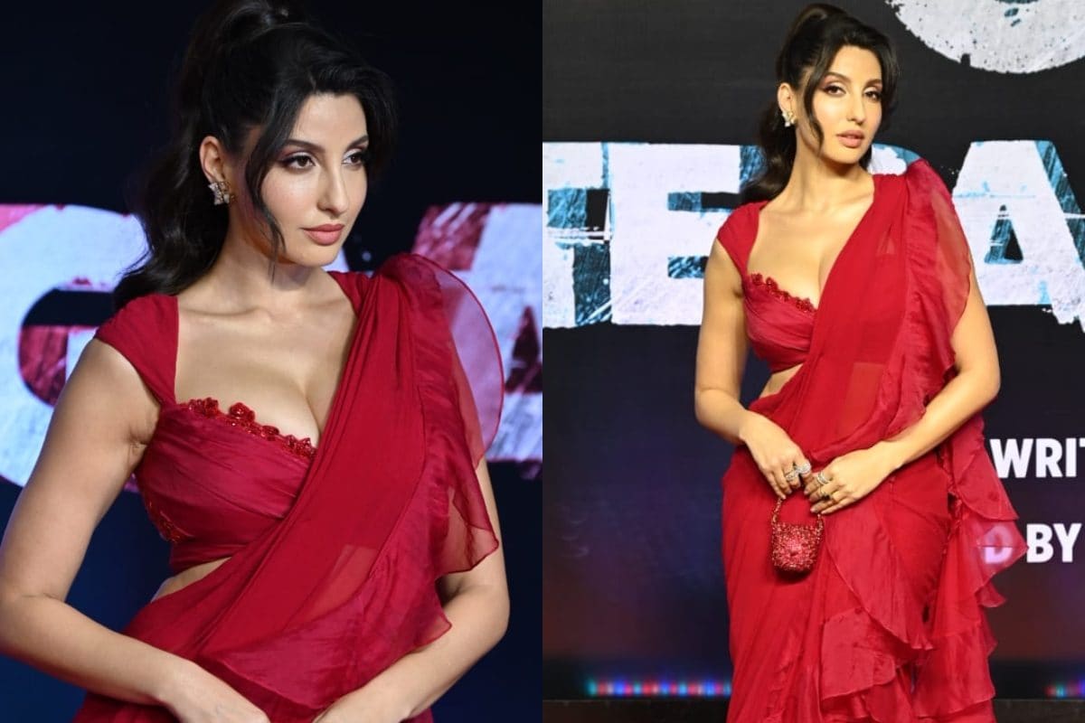 Sexy! Nora Fatehi Flaunts Her Bombshell Figure in Bold Red Saree