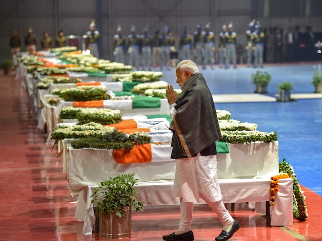 Visulas from on February 15, 2019, of Prime Minister Narendra Modi paying tribute to CRPF jawans killed in Pulwama terror attack (Image: PTI)