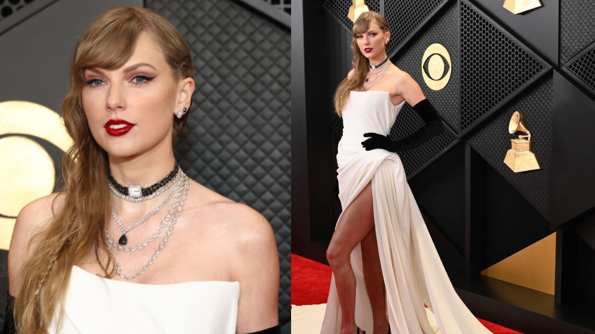 Taylor Swift Wears White Strapless Schiaparelli Dress at 2024 Grammys