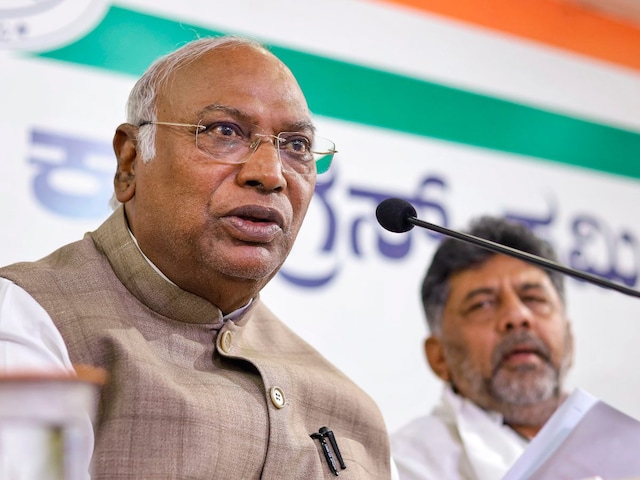 AICC President Mallikarjun Kharge addresses a press conference at party office, in Bengaluru, Friday, March 15, 2024. (PTI photo)