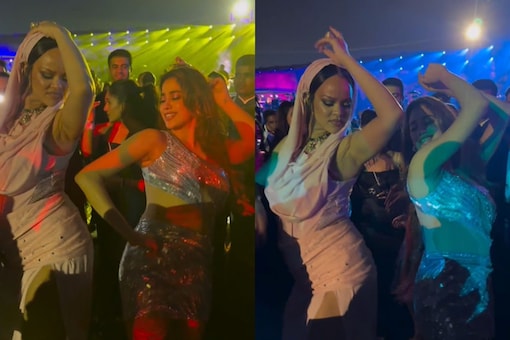 Rihanna and Janhvi Kapoor dance to Zingaat at Anant Ambani and Radhika Merchant's pre-wedding bash. 