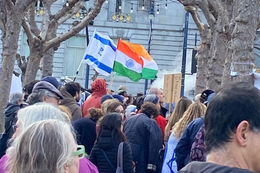 Indian tricolor waving alongside Israeli flag in San Francisco.