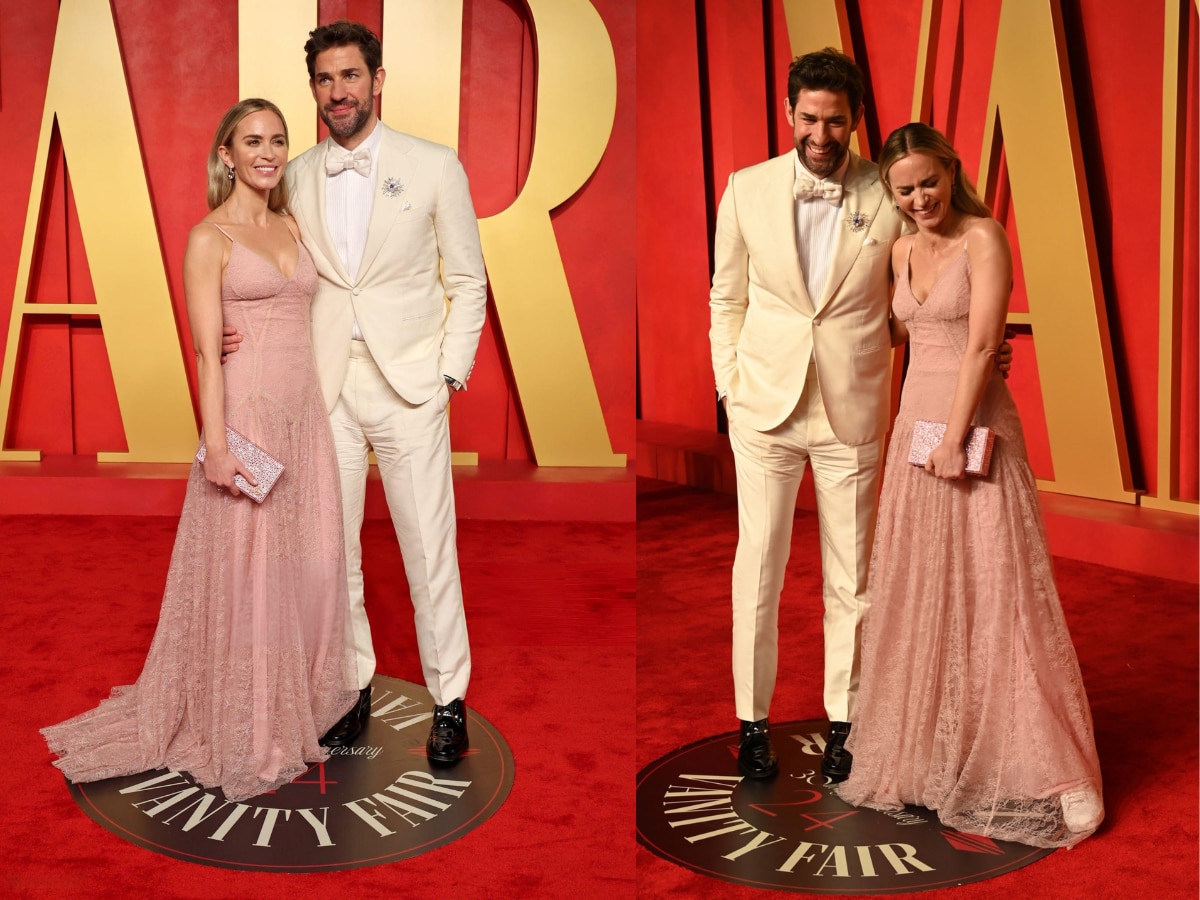 Emily Blunt Radiates in Pink Lace, Joined by Dapper John Krasinski at Vanity  Fair Oscar Party - News18