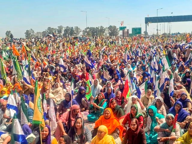 Women farmers during their ongoing protest at the Punjab-Haryana Shambhu border in Patiala district, on 8 March 2024. (PTI photo)