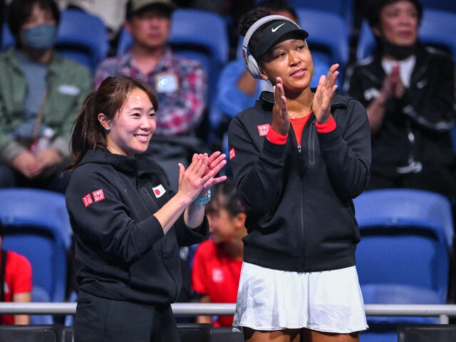 Japan’s Naomi Osaka (R) celebrates Japan’s Nao Hibino's victory against Kazakhstan’s Yulia Putintseva (AFP)