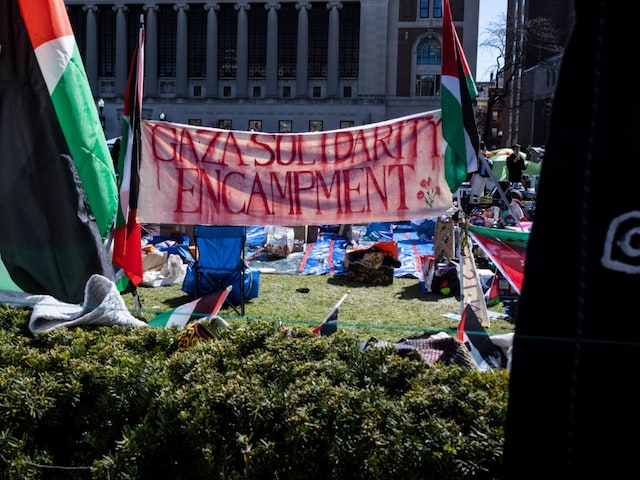 A sign that reads, Gaza Solidarity Encampment, is seen during the pro-Palestinian protest at the Columbia University campus in New York. (AP File Photo)