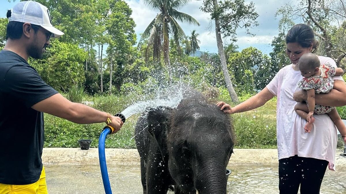 Ram Charan Bathes Baby Elephant In Thailand, Wife Upasana And Daughter Klin Kaara Join Him | Photos - Vimarsana News