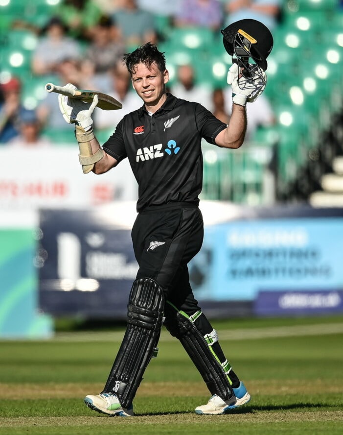 Dublin , Ireland - 10 July 2022; Michael Bracewell of New Zealand celebrates after bringing up his century during the Men's One Day International match between Ireland and New Zealand at Malahide Cricket Club in Dublin. (Photo By Seb Daly/Sportsfile via Getty Images)