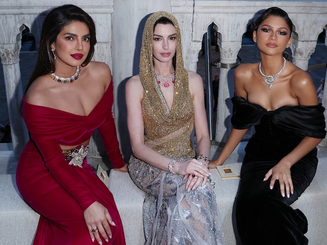 Priyanka Chopra Jonas, Anne Hathaway and Zendaya attend the Bulgari Mediterranea High Jewelry event at Palazzo Ducale on May 16, 2023 in Venice. (Photo by Pietro S. D'Aprano/Getty Images for Bulgari)