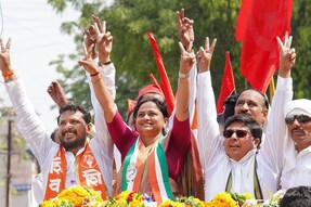 Congress candidate Pratibha Dhanorkar while filing her nomination from Chandrapur constituency for the upcoming Lok Sabha elections. (Image: PTI)