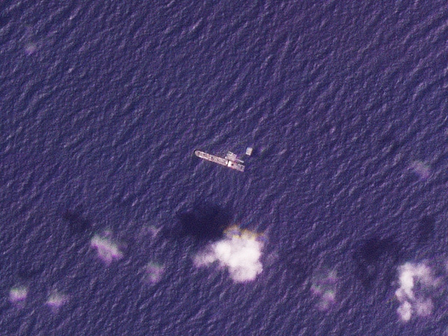 This satellite photo from Planet Labs PBC shows the USNS Roy P. Benavidez in the Mediterranean Sea off shore from the Gaza Strip on Saturday, April 27, 2024. (AP)