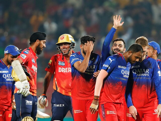 Royal Challengers Bangalore celebrating win during match 58 of the Indian Premier League season 17 (IPL 2024) between Punjab Kings and Royal Challengers Bangalore held at the Himachal Pradesh Cricket Association Stadium, Dharamsala on the 9th May 2024. (Sportzpics)