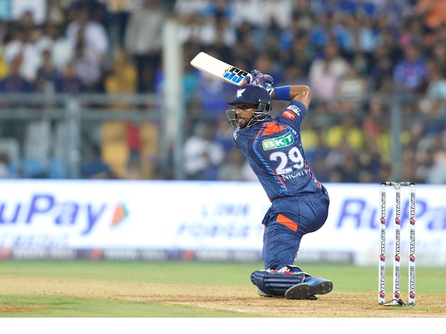 Nicholas Pooran of Lucknow Super Giants plays a shot during match 67 of the Indian Premier League season 17 (IPL 2024) between Mumbai Indians and Lucknow Super Giants held at the Wankhede Stadium, Mumbai on the 17th May 2024. (Sportzpics) 