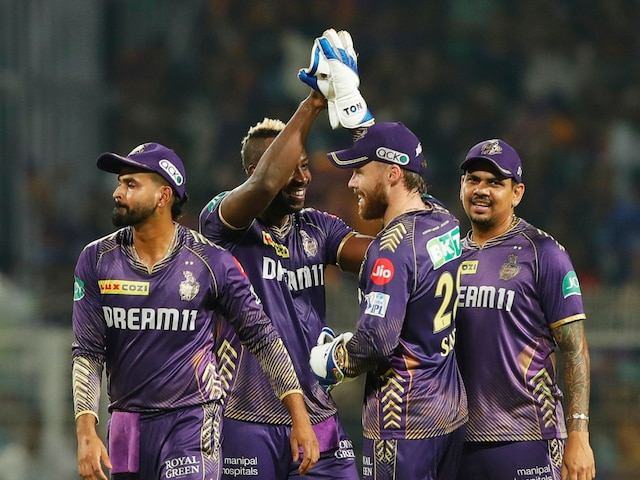 Andre Russell of Kolkata Knight Riders celebrating the wicket of Surya Kumar Yadav of Mumbai Indians during match 60 of the Indian Premier League season 17 (IPL 2024) between Kolkata Knight Riders and Mumbai Indians held at the Eden gardens Stadium, Kolkata on the 11th May 2024. (Sportzpics)